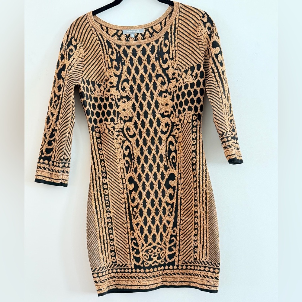 WOW Couture Gold And Black Patterned Long Sleeve Dress Size L